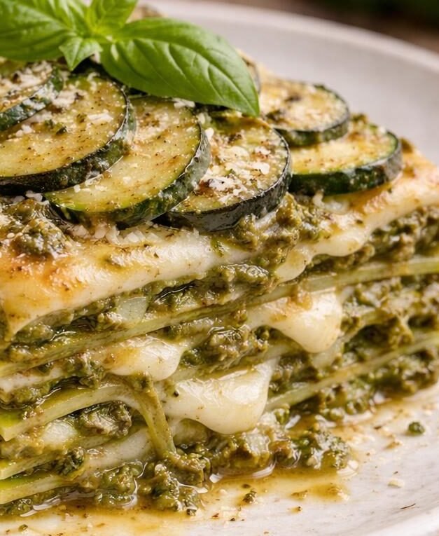 Monoporzione di lasagne verdi con pesto, zucchine e scamorza